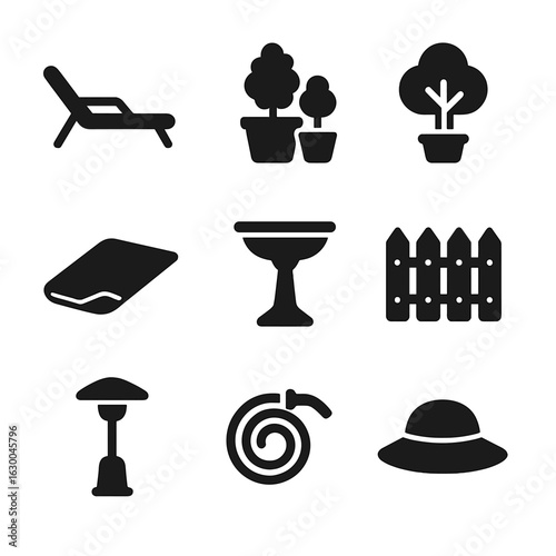 Garden Comfort Icons. Solid, filled icons set of garden comfort and greenery: lounge chair, large planters,