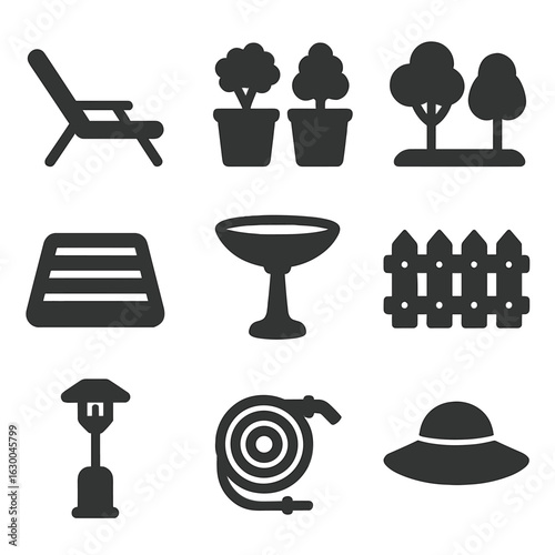 Garden Comfort Icons. Solid, filled icons set of garden comfort and greenery: lounge chair, large planters,