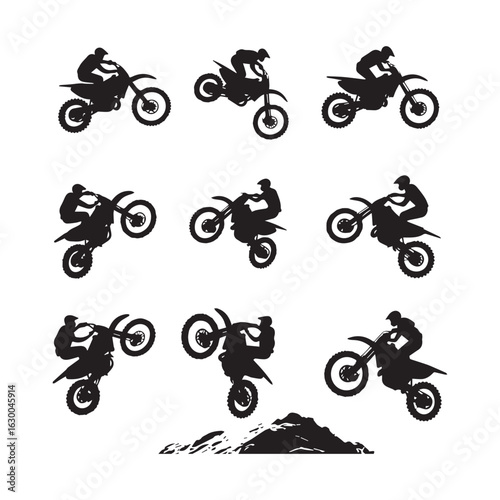 A striking collection of 15 black silhouette illustrations showcasing dynamic motorcycle stunts and jumps.