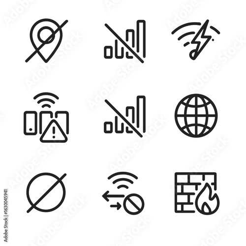 Coverage Icons Set. Outline icon set of coverage issues: dead zone, signal drop, interference, congestion, weak signal, network