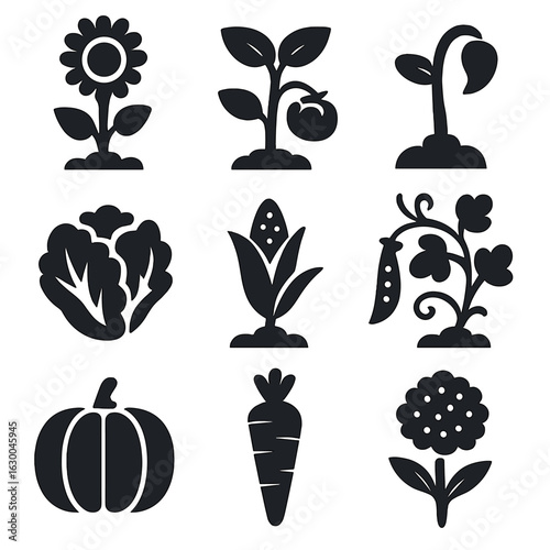 Garden Icons Grid. Solid, filled icons set of common garden plants: sunflower, tomato seedling, bean sprout,