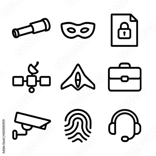 Covert Operations Icons. Outline icon set of covert operations: spyglass, mask, encrypted message, satellite, stealth aircraft,