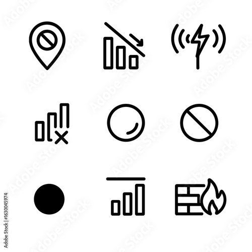 Coverage Icons Set. Outline icon set of coverage issues: dead zone, signal drop, interference, congestion, weak signal, network