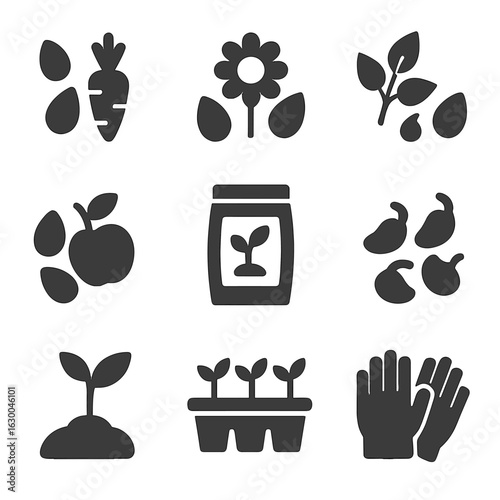 Garden Seeds Icon Set. Solid, filled icons set of seed types: vegetable seeds, flower seeds, herb seeds, fruit