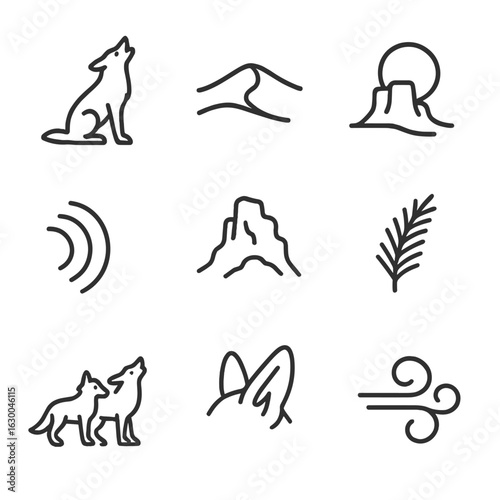 Coyote Icon Set. Outline icon set of coyote howl: coyote silhouette howling, desert dune outline, moonrise, echo wave lines, rocky