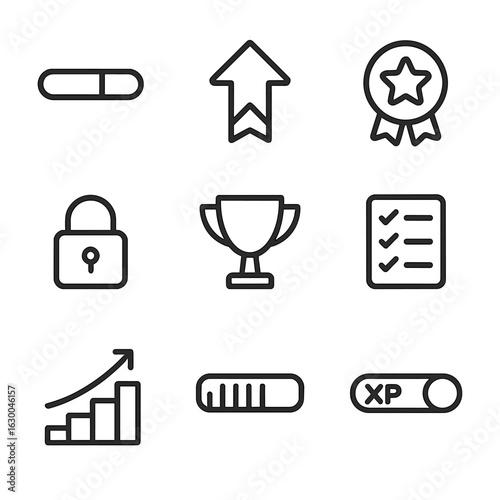Icon Progress Collection. Outline icon set of level up progress: progress bar, level arrow, star badge, unlocked icon, trophy,