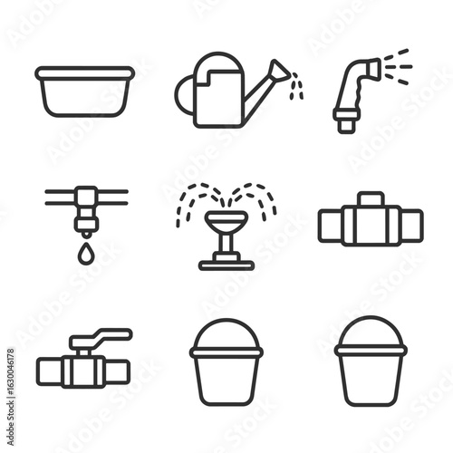 Garden Watering Icons. Outline icon set of watering equipment: trough, watering can, hose nozzle, pump handle,