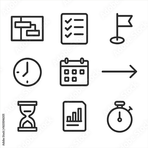 Project Timeline Icons. Outline icon set of project timeline: gantt chart, checklist, milestone flag, clock, calendar, timeline