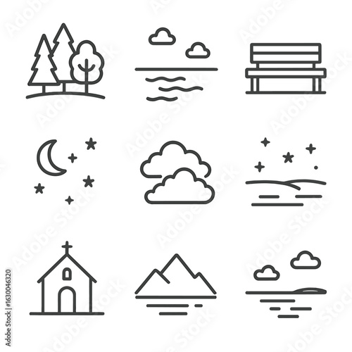 Outline Icon Essentials. Outline icon set of cold weather essentials: winter coat, scarf, gloves, beanie, snow boots, earmuffs,
