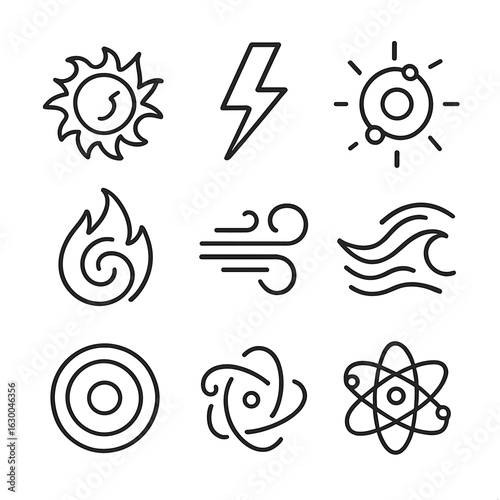 Eternal Energy Icons. Outline icon set of eternal energy and forces: solar flare, lightning bolt, cosmic energy, magnetic field,
