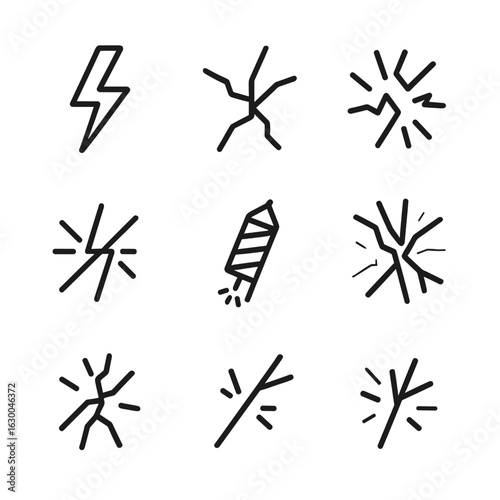 Crackling Sound Icons. Outline icon set of crackling sounds: lightning bolt, crack, snap, electric spark, static noise,