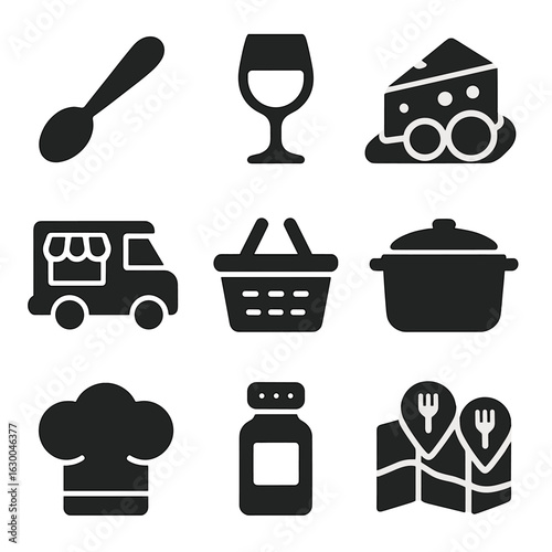 Gastronomic Tour Icons. Solid, filled icons set of gastronomic tours: tasting spoon, wine glass, cheese