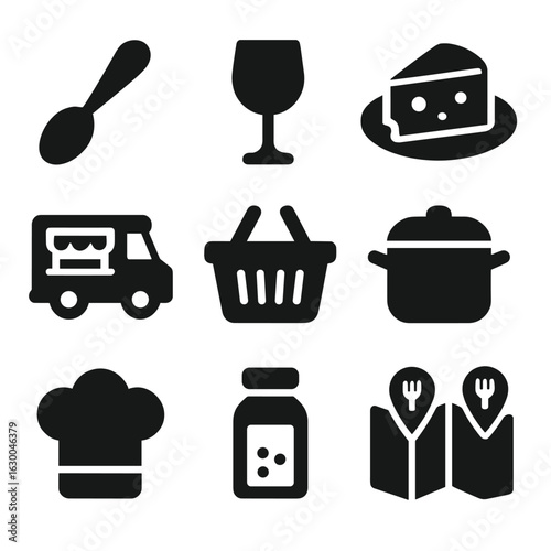 Gastronomic Tour Icons. Solid, filled icons set of gastronomic tours: tasting spoon, wine glass, cheese