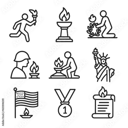 Eternal Flame Icons. Outline icon set of eternal flame historical themes: torch relay, Olympic flame, memorial ceremony, soldier