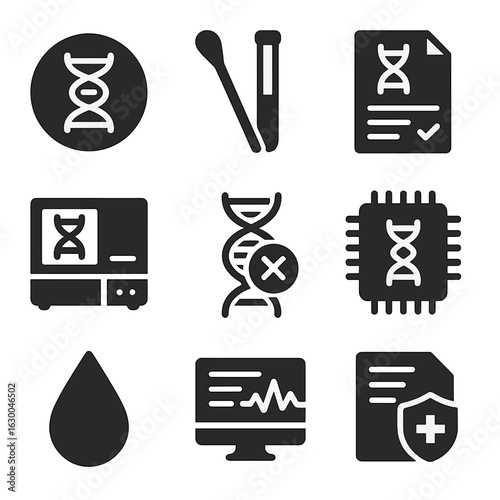 Genetic Diagnostics Icons. Solid, filled icons set of genetic diagnostics: genome map, swab sample, gene test