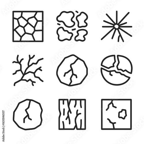 Crackling Texture Icons. Outline icon set of crackling textures: cracked earth, dried mud, shattered glass, cracked paint,
