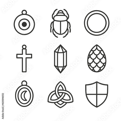 Protective Amulets Icons. Outline icon set of protective amulets: nazar bead, scarab charm, iron ring, cross pendant, crystal ward