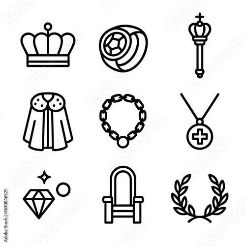 Eternal Regalia Icons. Outline icon set of eternal reign regalia: crown, royal ring, scepter, robe, gold chain, medallion, crown