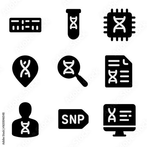 Genomic Diagnostics Icons. Solid, filled icons set of genomic diagnostics: DNA sequence, gene test vial,