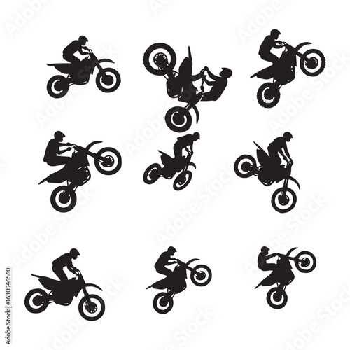 A striking collection of 15 black silhouette illustrations showcasing dynamic motorcycle stunts and jumps.