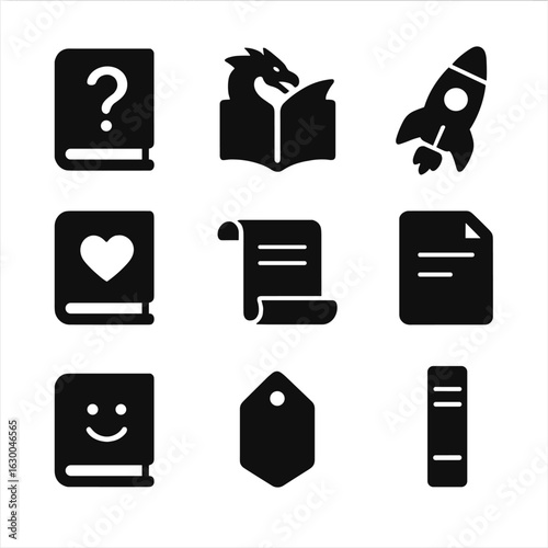Genre Icon Grid. Solid, filled icons set of genre-based shelf arrangement: mystery book icon, fantasy symbol,