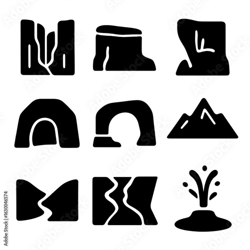 Geological Icons Grid. Solid, filled icons set of geological formations and landforms: canyon, plateau, cliff,
