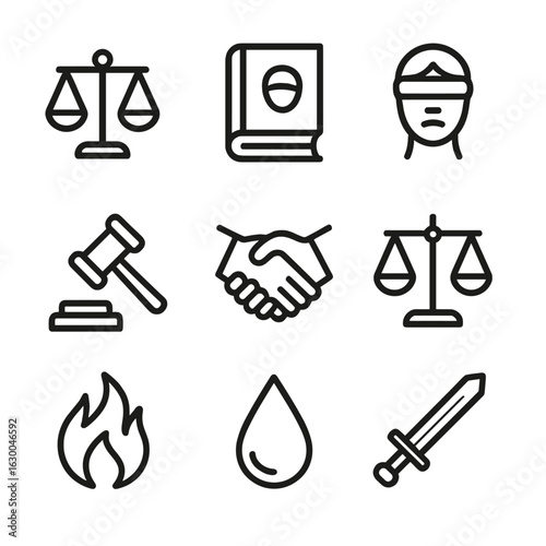 Ethical Icons Grid. Outline icon set of ethical concepts: justice scales, law book, blindfold, gavel, handshake, balance, fire,