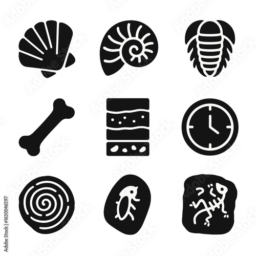 Geological Icons Grid. Solid, filled icons set of geological time and fossils: fossil shell, ammonite,