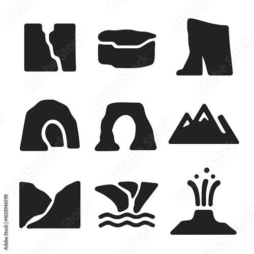 Geological Icons Grid. Solid, filled icons set of geological formations and landforms: canyon, plateau, cliff,