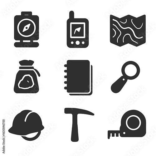 Geology Tools Icons. Solid, filled icons set of field geology tools: compass clinometer, GPS device,