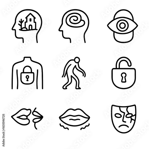 Psychological Fear Icons. Outline icon set of psychological fear: haunted mind, swirling thoughts, hidden eye, locked chest,