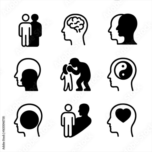 Psychological Shadow Icons. Outline icon set of shadow in psychology and metaphor: shadow self, subconscious, inner shadow, fear