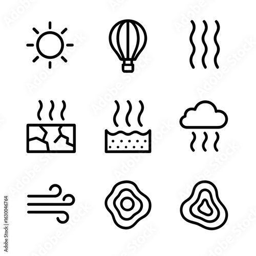 Evaporation Weather Icons. Outline icon set of evaporation and weather: sunny day, hot air balloon, heat shimmer, dry soil,