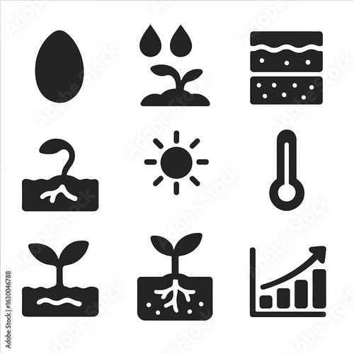 Germination Icon Set. Solid, filled icons set of seed germination process: seed, water droplets, soil layers,