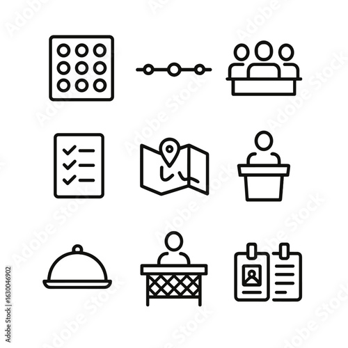 Event Planning Icons. Outline icon set of organize in events: seating chart, timeline, guest list, checklist, venue map, speaker