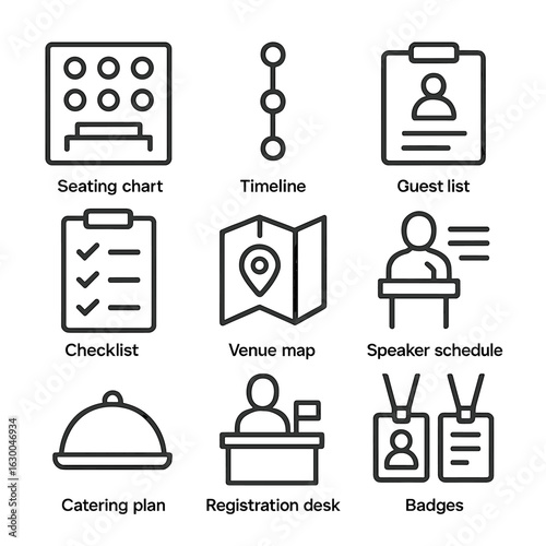 Event Planning Icons. Outline icon set of organize in events: seating chart, timeline, guest list, checklist, venue map, speaker