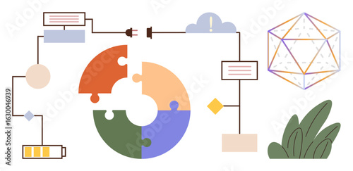 Puzzle chart connected to a flowchart with battery, cloud, and wires. Includes geometric object and plants. Ideal for teamwork, process management, connectivity, innovation, strategy simplicity