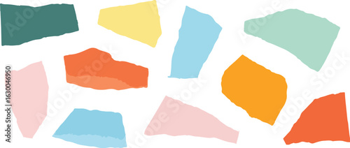 Abstract collage of colorful torn paper shapes on white background