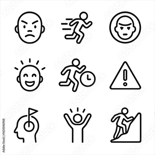 Pursuit Emotion Icons. Outline icon set of pursuit emotions: determination, speed, focus, excitement, urgency, alertness,
