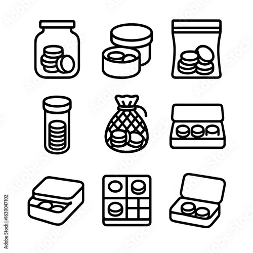 Everyday Coin Storage Icons. Outline icon set of everyday coin storage: glass jar, metal tin, plastic container, zip lock bag,