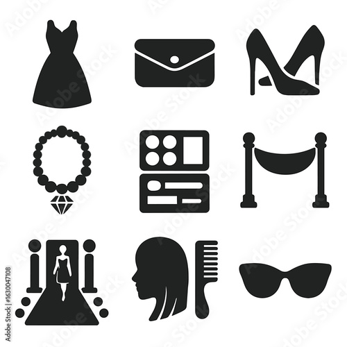 Glamorous Fashion Icons. Solid, filled icons set of glamorous fashion: designer dress, clutch bag, stiletto