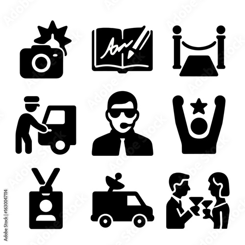 Glamour Icon Set. Solid, filled icons set of glamour and fame: paparazzi flash, autograph book, red carpet