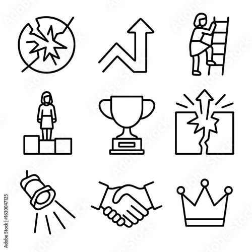 Glass Ceiling Icons. Outline icon set of Breaking the glass ceiling: shattered glass, upward arrow, woman