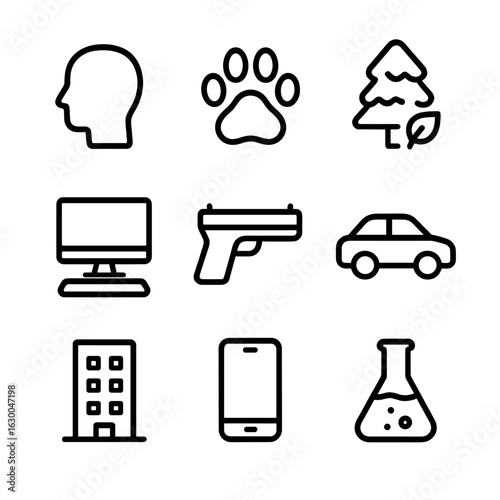 Evidence Type Icons. Outline icon set of evidence types by source: human, animal, environment, technology, weapon, vehicle,