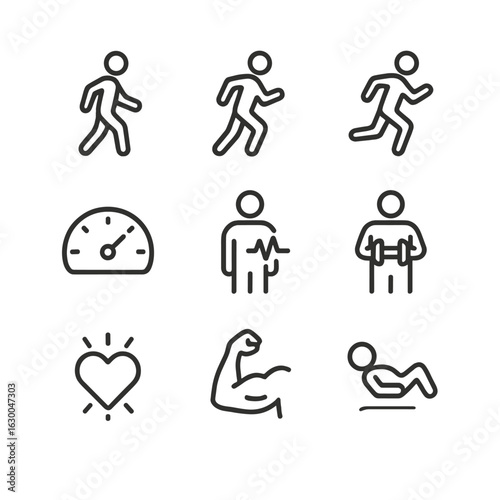 Exercise Icons Grid. Outline icon set of exercise intensity levels: low, moderate, high, interval training, steady state,