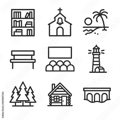 Quiet Places Icon Set. Outline icon set of quiet places: empty library, silent chapel, deserted beach, vacant bench, empty theater