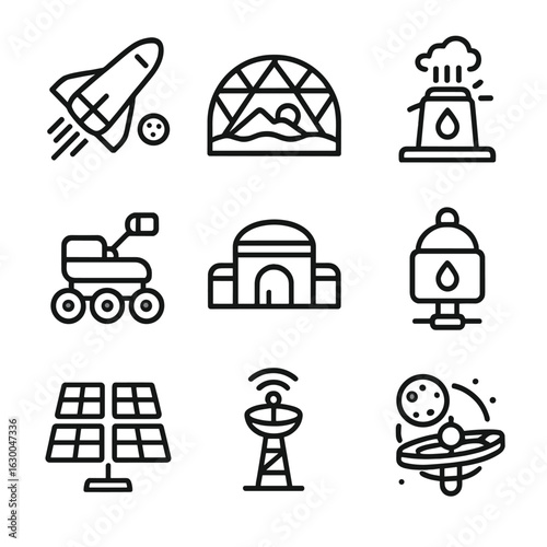 Exoplanet Colonization Icons. Outline icon set of exoplanet colonization concepts: arrival ship, terraforming dome, climate