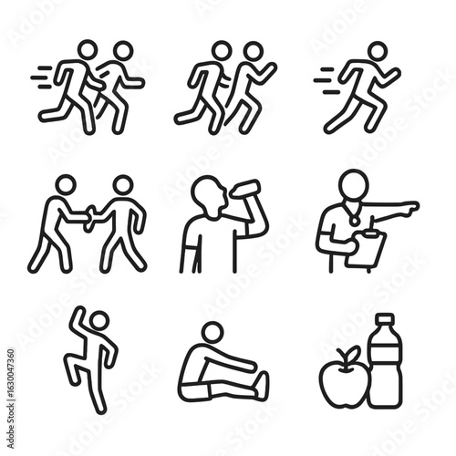 Race Strategy Icons. Outline icon set of race strategies: pacing, drafting, sprint finish, relay handoff, hydration, coaching,
