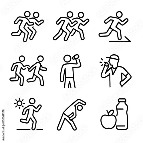 Race Strategy Icons. Outline icon set of race strategies: pacing, drafting, sprint finish, relay handoff, hydration, coaching,