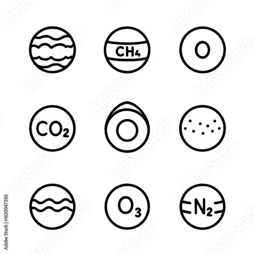 Exoplanet Atmosphere Icons. Outline icon set of exoplanetary atmospheres: thick clouds, methane layer, oxygen trace, carbon